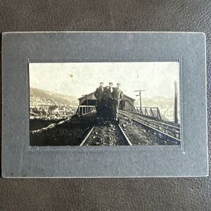 Antique Photo Early 20th Century Men Trestle Bridge Mining Town 2.5x4.5” Mounted